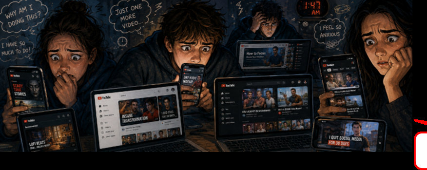 Illustration: four people at night, anxious, surrounded by phones and laptops playing YouTube. Thought bubbles read 'why am I doing this?' and 'just one more video'.